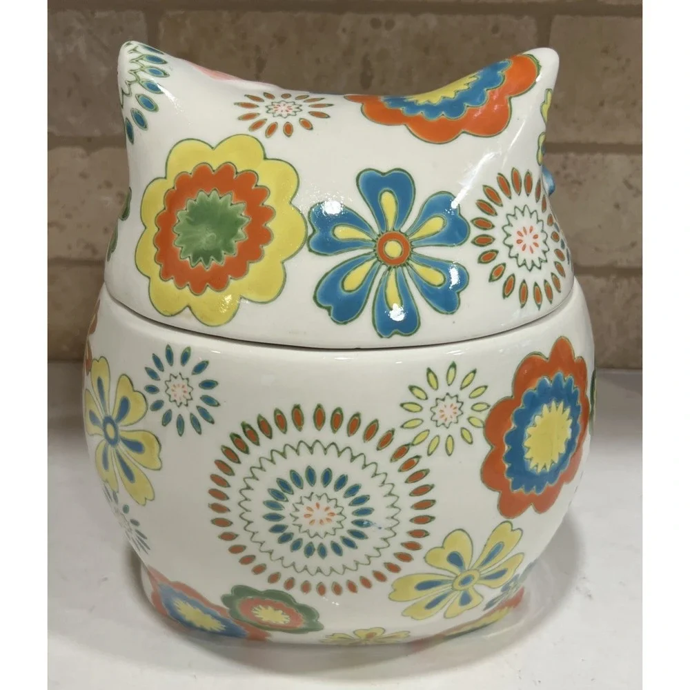 Pier 1 Imports Owl Cookie Stoneware Jar & Lid Yellow, Blue Orange Floral RETIRED